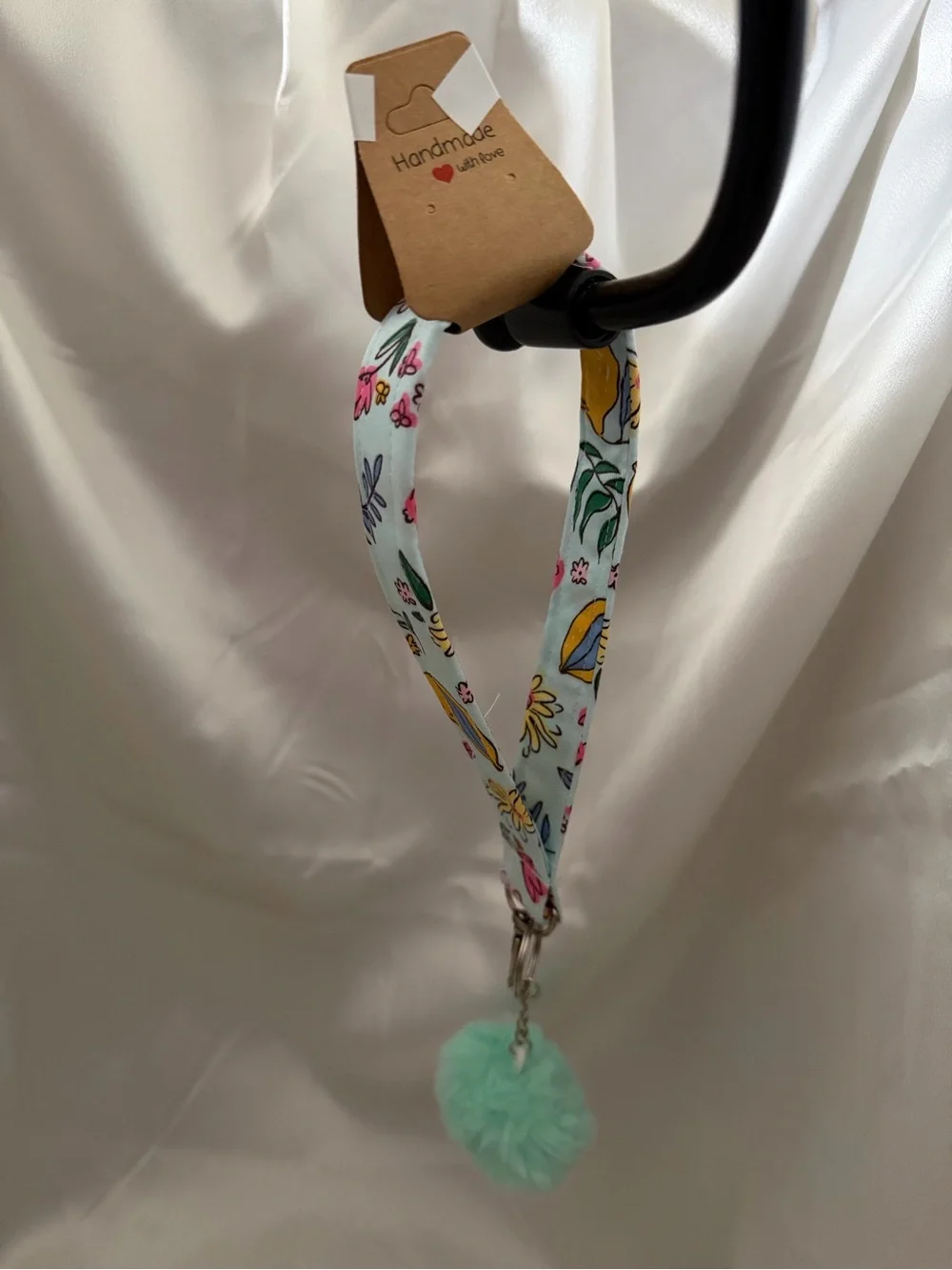 Handmade Lemon and Floral Print Wristlet Keychain With Bright Green Pompom